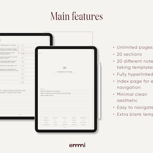 May include: Two digital tablets displaying a digital notebook with a black border. The notebook has an index and a page with the text "ONE". A stylus is next to the tablet. The text "Main features" is at the top.
