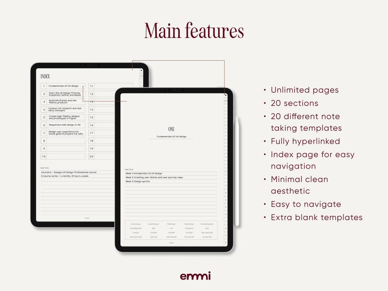May include: Two digital tablets displaying a digital notebook with a black border. The notebook has an index and a page with the text "ONE". A stylus is next to the tablet. The text "Main features" is at the top.