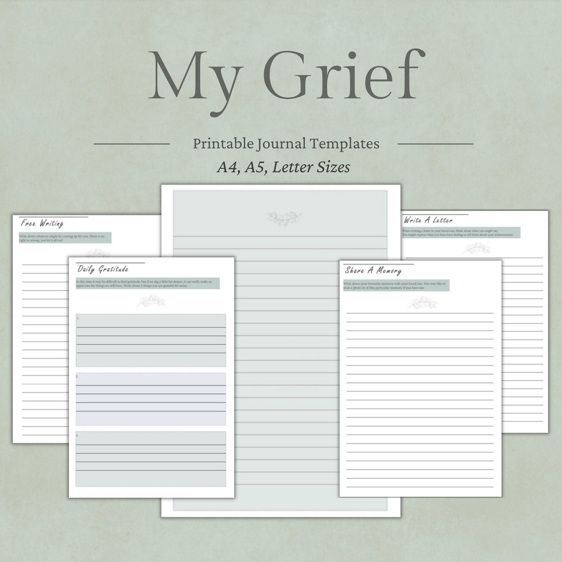 My Grief Printable Journal Templates Green and Grey Etsy