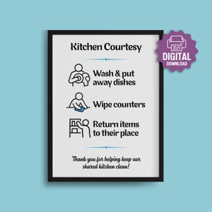 May include: A framed sign with the title Kitchen Courtesy, featuring three black line icons and text instructions: Wash & put away dishes, Wipe counters, and Return items to their place, ending with Thank you for helping keep our shared kitchen clean!