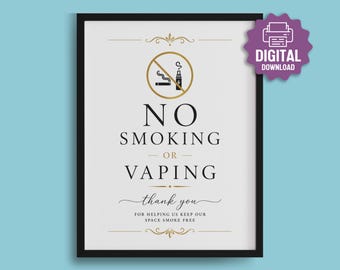 PRINTABLE No Smoking or Vaping SIGN, Elegant Smoke Free Sign, Wedding Reception Venue, Restaurant No Vaping Sign • English and French