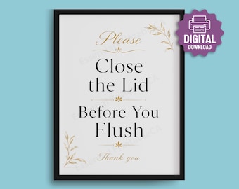 PRINTABLE Close the Lid Before You Flush Sign, Elegant Gold Bathroom Decor, Bathroom Etiquette Sign, Restroom Rules, Instant Download
