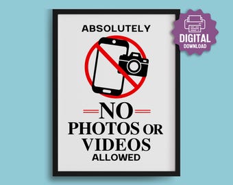 Letrero imprimible: Prohibido tomar fotos, fotografía restringida, videos no permitidos, no tomar fotografías • Descarga digital