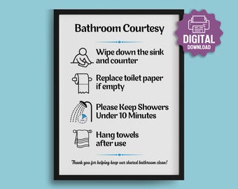 PRINTABLE Shared Bathroom Sign, Bathroom Courtesy, Shared Living House Rules, Roommate Bathroom Rules, Replace Toilet Paper, Download