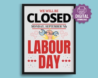 Letrero imprimible de "Cerrado el Día del Trabajo", Horario festivo, Negocios, Restaurantes, Oficinas, Letrero de ventana de "Cerrado el Día del Trabajo" (CDN) • Descarga digital