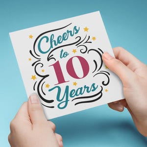 TARJETA IMPRIMIBLE de saludos por los 10 años, aniversario laboral de 10 años, tarjeta de felicitaciones de la oficina, reconocimiento de hitos laborales, 10 años de servicio de los empleados
