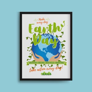 Letrero imprimible del Día de la Tierra: Reducir, Reutilizar, Reciclar, Restaurar, Día de la Tierra todos los días, Póster para celebrar el 22 de abril, Descarga digital