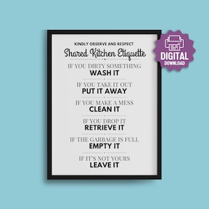PRINTABLE Kitchen Etiquette SIGN, Shared Kitchen Guidelines, Workplace Kitchen Etiquette Poster, Care Facility, Seniors Home Kitchen Rules