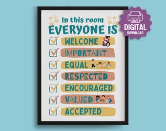 AFDRUKBAAR Iedereen is welkom TEKEN, in deze kamer, inclusiviteitsposter, diversiteit klasdecor, schoolposters, iedereen is gelijk, gewaardeerd