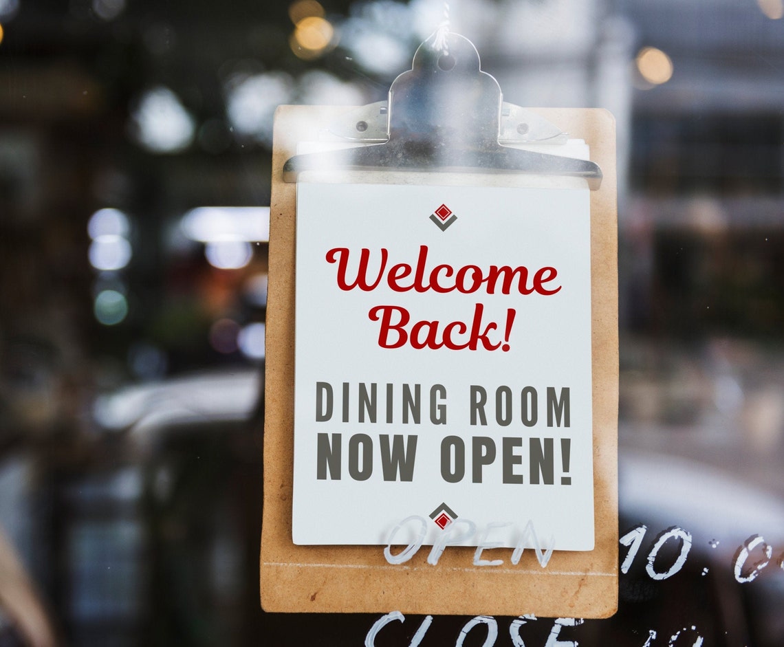 dining room now open sign