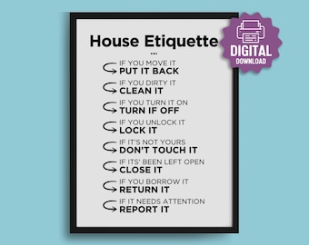 PRINTABLE House Etiquette SIGN, Rules of the House, Household Guidelines Poster, Shared Space Rules • Digital Download