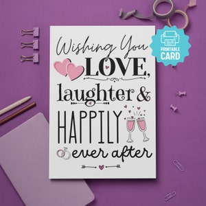 Carte à imprimer rires d'amour et bonheur pour toujours, coeurs de mariage mignons, verres à champagne, alliances, message de rire d'amour