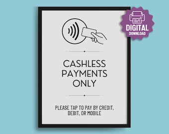 PRINTABLE Cashless Payments Sign, Credit, Debit & Mobile Pay Only, Tap to Pay Small Business Sign, Market Vendor Craft Fair Booth Decor