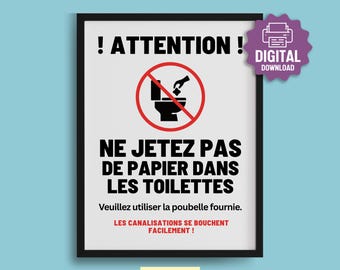 PRINTABLE French Bathroom SIGN, Ne Jetez Pas de Papier Dans les Toilettes, Do Not Flush Paper, Veuillez utiliser la poubelle fournie
