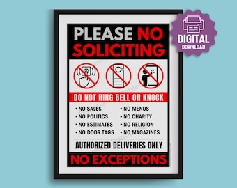 PRINTABLE No Soliciting SIGN, Do Not Knock or Ring Doorbell, No Salespeople Sign, Front Door Sign, Instant Download, Digital Files • 8.5x11