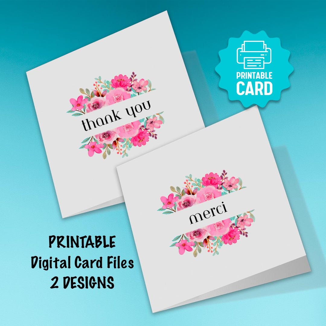 PRINTABLE Merci & Thank You Card Set, Pink Floral Appreciation (DIY ...