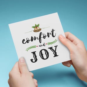CARTE de voeux de Noël imprimable, carte de Noël réconfort et joie, cloches et rubans de Noël, noeuds, impression numérique de Noël bricolage • 5 x 5 po.