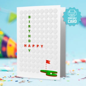 AFDRUKBARE verjaardagskaart golfspeler, verjaardagsgroet golfthema, golfbal op het groen, rode golfvlag, golfballen, leuke golfkaart voor papa