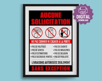 PRINTABLE French No Soliciting SIGN, Do Not Knock or Ring Doorbell, No Salespeople Front Door Sign, French Language, Digital Files • 8.5x11