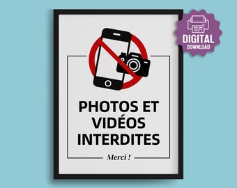 PRINTABLE French No Photos or Videos SIGN, Photos et Vidéos Interdites Sign, No Photography No Video, French Printable • Digital Download