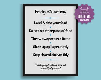 PRINTABLE Shared Fridge Courtesy SIGN, Shared Kitchen Rules, House Rules Poster, Keep Fridge Clean, Shared Kitchen Guidelines