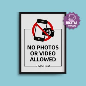 PRINTABLE No Photos No Video SIGN, Photography Restricted, Videos Not Allowed, No Taking Pictures, No Videography Allowed, Gallery Rules