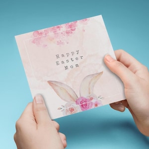 Frohe Ostern Mom KARTE, Rosa Aquarell Osterkarte für Mama, Frühlingsblüten, Hasenohren Blumenkarte für Mama zur Osterzeit