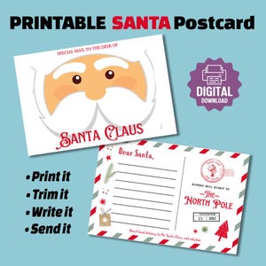 DRUCKBARE Weihnachts POSTKARTE, DIY Postkarte für Santa 6x4" Vorlage, einfach, schnelle Notiz an Santa, Druck auf 8,5 x 11" formatierte Seite, digitaler Download