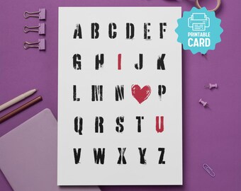 印刷可能なバレンタインデー カード、かわいい I love You、アルファベット バレンタイン、先生のバレンタイン、グランジ バレンタイン カード、I Heart You、デジタル ダウンロード