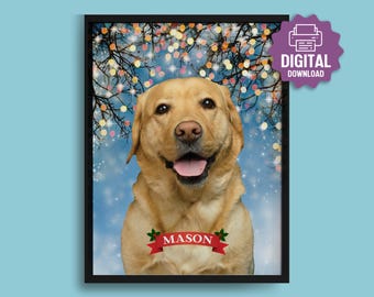 Retrato navideño personalizado de mascotas, retrato de mascota personalizado, lámina festiva para perros con nombre y foto, lámina navideña para gatos • Descarga digital