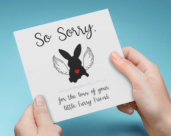 May include: A sympathy card with a black silhouette of a rabbit with angel wings and a red heart. The card reads "So Sorry, for the loss of your little furry friend."