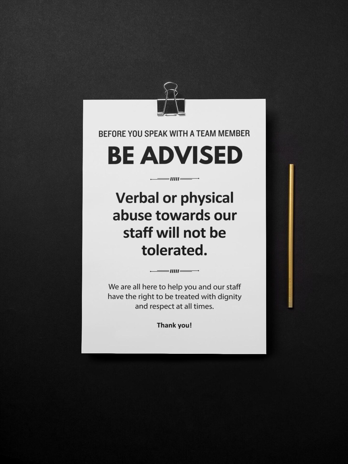 PRINTABLE Customer Behaviour Policy SIGN, Be Advised No Verbal Abuse ...