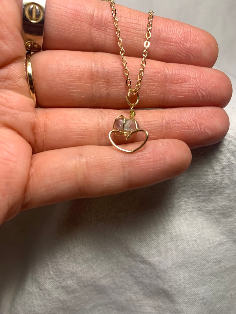 Healing Gemstone Crystal Heart Gold Chain Necklace LIGHT BLUE