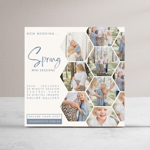 May include: A white square flyer with a honeycomb pattern and photos of families in a park. The flyer advertises "Spring Mini Sessions" for $250, including a 30-minute session at Central Park, 25 digital images, and an online gallery. The text "NOW BOOKING..." and "SECURE YOUR SPOT YOURWEBSITE.COM.AU" is also included.