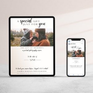 Chèque-cadeau numérique pour photographes, carte-cadeau électronique pour la photographie de portrait, modèles personnalisables pour chèques-cadeaux par courrier électronique - GIF