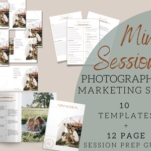 May include: A set of 10 photography marketing templates and a 12-page session prep guide. The templates feature a light brown and white color scheme with a minimalist design. The guide includes tips for planning and marketing mini photography sessions.