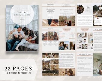 May include: A 22-page guide for lifestyle photography with a cover image of a family laughing on a couch. The guide includes sections on pricing, location, what to wear, and more.
