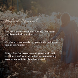 Puede incluir: Una ni&ntilde;a con un vestido azul se encuentra en un campo de flores blancas. El texto "Make it Personal" est&aacute; escrito en cursiva en la parte superior de la imagen. El texto de abajo explica c&oacute;mo personalizar el dise&ntilde;o usando una cuenta gratuita de Canva.com.