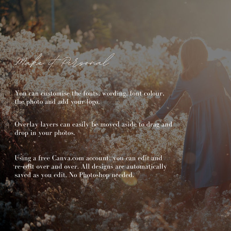 Puede incluir: Una ni&ntilde;a con un vestido azul se encuentra en un campo de flores blancas. El texto "Make it Personal" est&aacute; escrito en cursiva en la parte superior de la imagen. El texto de abajo explica c&oacute;mo personalizar el dise&ntilde;o usando una cuenta gratuita de Canva.com.