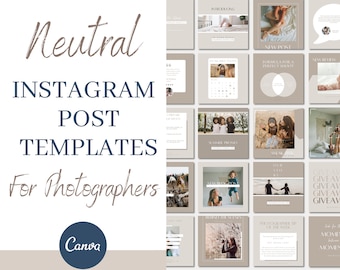 May include: A collection of neutral-toned Instagram post templates for photographers. The templates feature various layouts with text overlays and images of families and children. The text includes phrases like "Introducing", "New Post", "Formula for a Perfect Shoot", "Summer Promo", "Behind the Scenes", "Photographer of the Week", and "Look for the Moments".