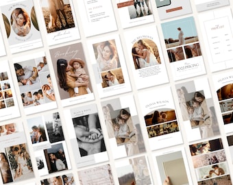 Pode incluir: Uma coleção de materiais de marketing, incluindo folhetos e posts de mídia social, com retratos de família e fotografia de estilo de vida. Os designs incorporam paletas de cores neutras e tipografia elegante, com texto como "New Blog Post" e "2022 Pricing".