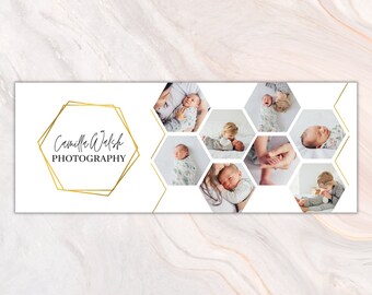 Facebook-bannersjabloon, zeshoekige en gouden facebook-omslagcollagesjabloon voor fotografen, canva-sjabloon, bannercollage FBC