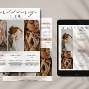 May include: A pricing guide for photography services with three packages: Original, Essential, and Luxury. Each package includes a different length session, professionally edited images, and a print licence. The guide also includes pricing for canvas prints and digital prints.