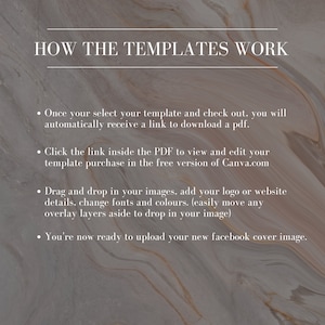 Puede incluir: Un gr&aacute;fico de texto con fondo beige y texto negro que explica c&oacute;mo usar las plantillas. El texto dice "HOW THE TEMPLATES WORK" e incluye cuatro vi&ntilde;etas que explican c&oacute;mo descargar, editar y usar las plantillas.