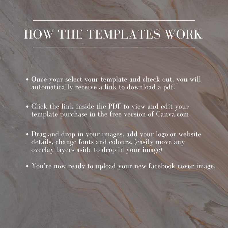 Puede incluir: Un gr&aacute;fico de texto con fondo beige y texto negro que explica c&oacute;mo usar las plantillas. El texto dice "HOW THE TEMPLATES WORK" e incluye cuatro vi&ntilde;etas que explican c&oacute;mo descargar, editar y usar las plantillas.