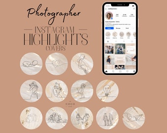12 Instagram Highlight Covers voor fotografen, Line art design met crème en gouden kunstachtergrond, voor je portretfotografie INST