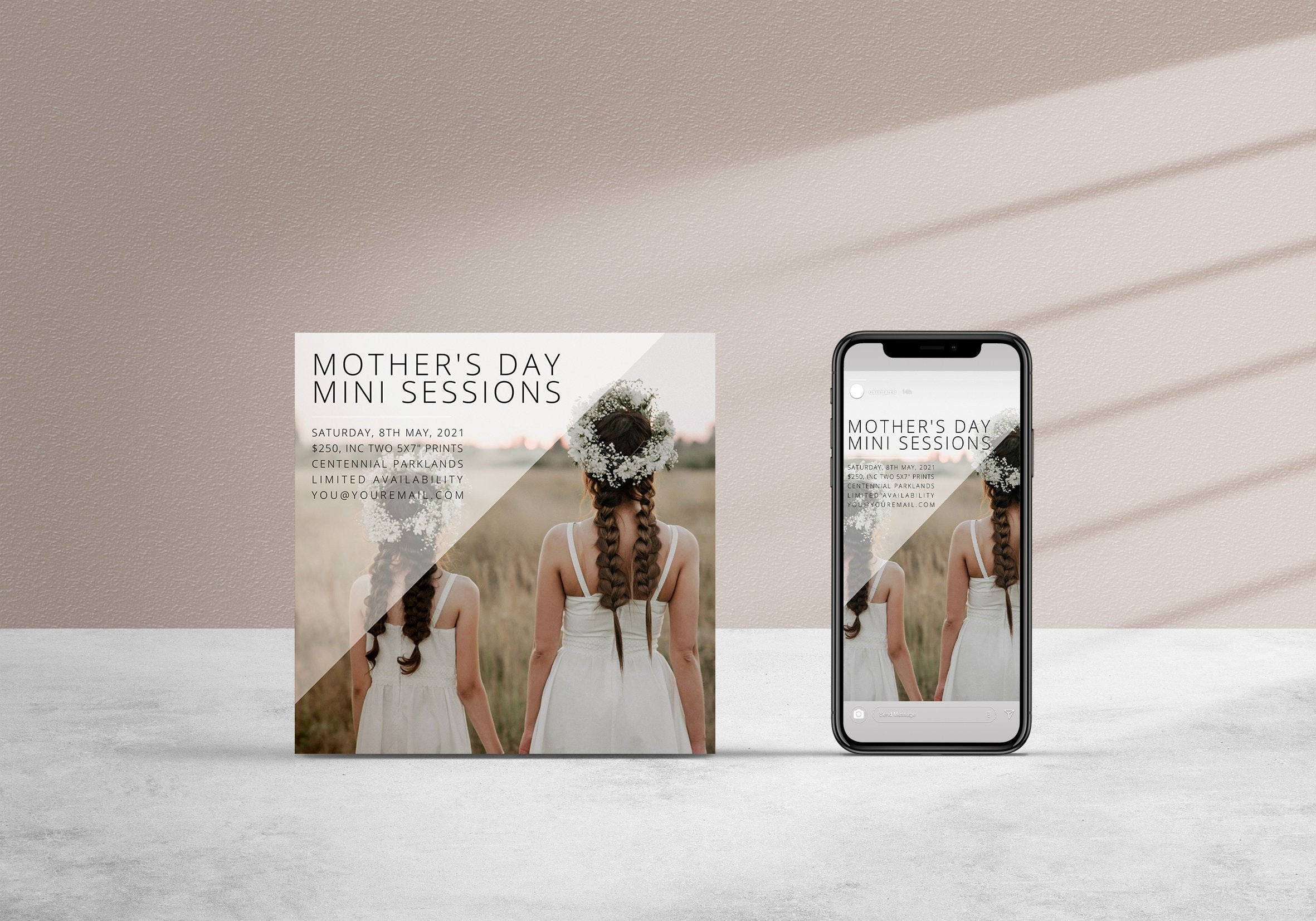 Minisessiesjabloon voor portretsessies voor moederdag. Mama en ik, mama en ik volledig bewerkbaar canva-ontwerp voor fotografen. MIN