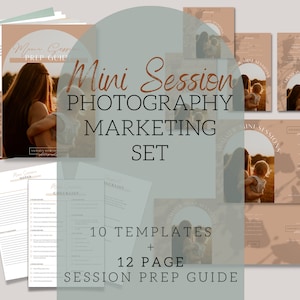 May include: A set of 10 templates and a 12-page session prep guide for mini photography sessions. The templates feature a peach background with a brown arch and a photo of a mother and child. The text "Mini Session Photography Marketing Set" is in a brown font.