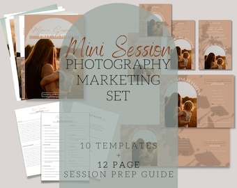 May include: A set of 10 templates and a 12-page session prep guide for mini photography sessions. The templates feature a peach background with a brown arch and a photo of a mother and child. The text "Mini Session Photography Marketing Set" is in a brown font.