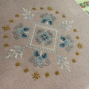 Puede incluir: Primer plano de una tela rosa con un diseño de punto de cruz blanco y azul. El diseño presenta un copo de nieve con un patrón geométrico y un borde de estrellas doradas.